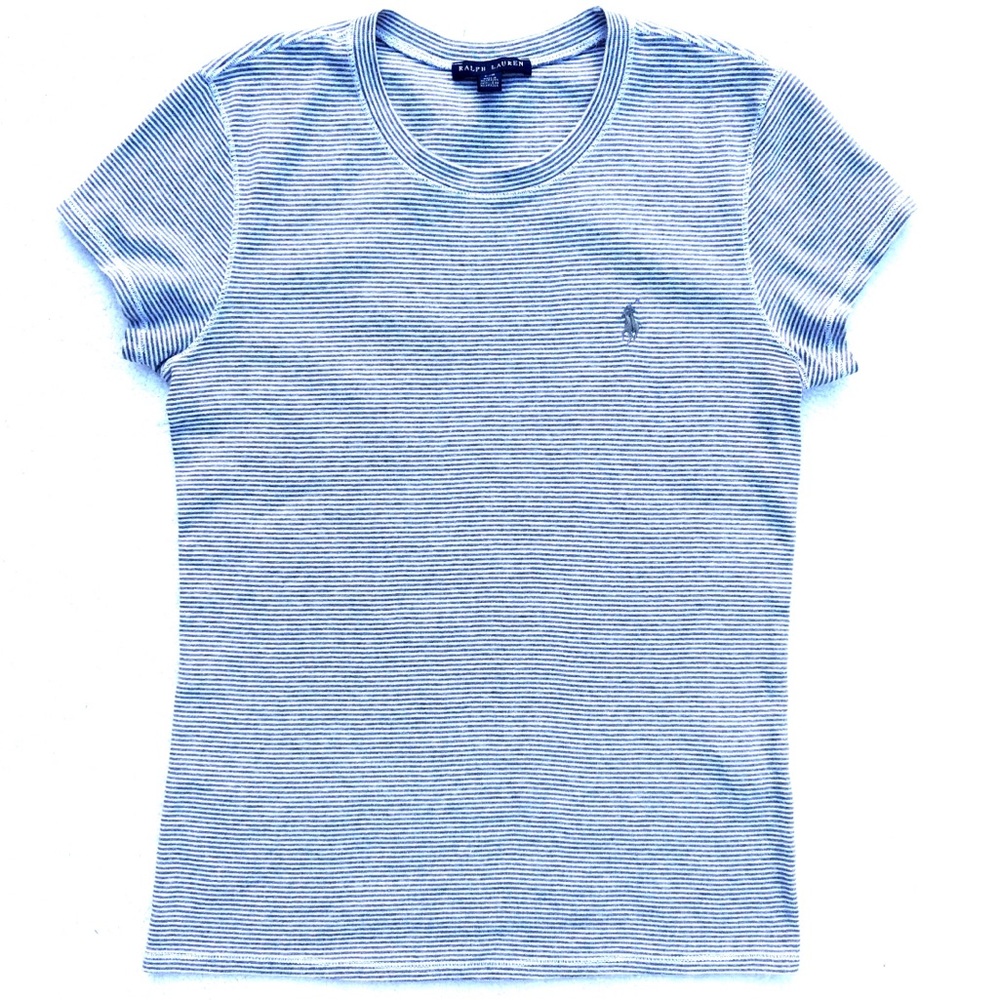 Ralph Lauren fitted striped tee shirt top blouse stretchy crew neck polo white